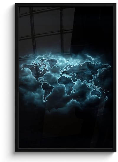 Poster in lijst - Fotolijst 60x90 cm - Posters - Wereldkaart - Bliksem - Blauw - Posterlijst zwart - Decoratie - Wanddecoratie woonkamer - Muurdecoratie slaapkamer