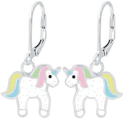 Joy|S - Zilveren eenhoorn bedel oorbellen - unicorn - glitter wit - leverback sluiting