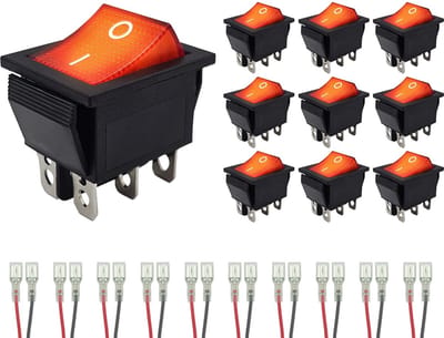 ProRide Wipschakelaar ON-OFF KCD4-202 - met Aansluitkabels - 3 Polig - 250V/16A - 30x22mm - Rood met controlelampje - 10 stuks