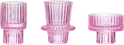 Theelichthouders set van 3 glazen kandelaars voor theelichtjes en puntige kaarsen, ideaal als tafeldecoratie voor bruiloften, feesten, diners (roze)