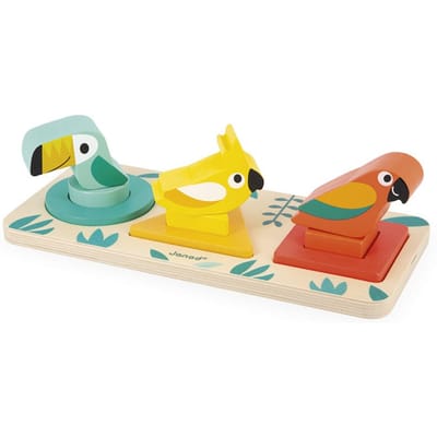 Janod Tropik - Drie Vormen Vogels - Maak Kennis Met Vormen En Kleuren Dankzij Deze 6 Geometrische Vormen En 3 Vogels! - Geschikt Vanaf 1 Jaar