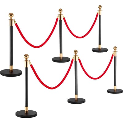 Poteau de guidage, Ensemble de 6 barrières de contrôle de foule avec tapis rouge, 4 cordes en velours rouge, Poteau de guidage doré en acier inoxydable pour file d'attente avec base creuse pour