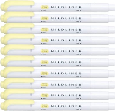 Zebra Mildliner Double-Sided Highlighter - Fine / Bold – Mild Yellow Set van 10 + een Luxe Zipperbag - WKT7-MY