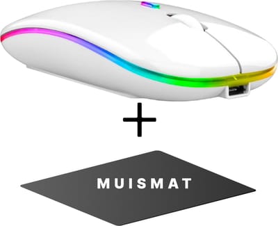 DREILEX Draadloze Wit PRO Muis met GRATIS muismat - Bluetooth - LED- Slank ontwerp - Oplaadbaar - Geruisloze werking - Draagbaar - 2.4G Draadloos en Bluetooth - Dual - Inclusief USB ontvanger