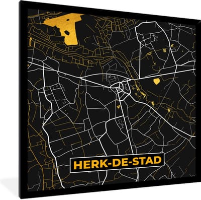 Fotolijst incl. Poster - Herk-De-Stad - Plattegrond - Gold - Kaart - Stadskaart - 40x40 cm - Posterlijst
