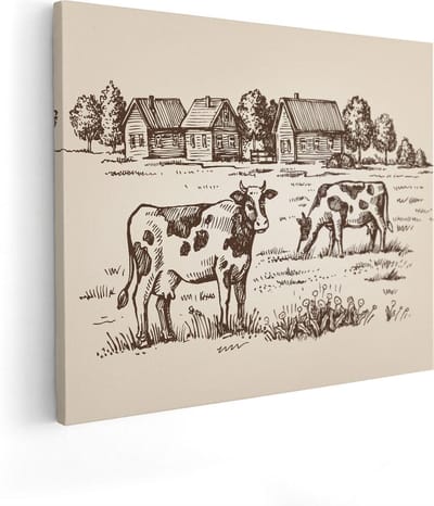 Artaza Canvas Schilderij Koe - 50x40 cm - Wanddecoratie Dieren - Muurdecoratie Dorp - Kamer Accessoires Landschap