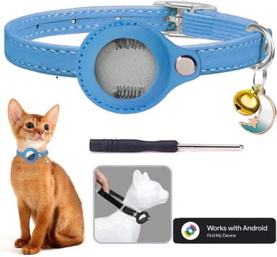 BlueTime ® - Kattenhalsband inclusief Tag - Halsband Kat & Kitten met Kattenbelletje - Lederen Variant - Gps Tracker Kat zonder Abonnement - Geschikt voor Android Find My Device - Kattenbandje, Poes, Kattenriem air & Tuigje met Houder - Blauw