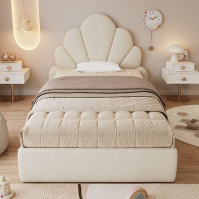 Eenpersoonsbed Gestoffeerd bed - gebogen bloemblaadje hoofdeinde - eenvoudig - stijlvol en comfortabel - modern bedframe - fluweel - beige 90x200cm