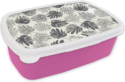 Broodtrommel Roze - Lunchbox - Brooddoos - Monstera - Zwart Wit - Patronen - Vintage - 18x12x6 cm - Kinderen - Meisje