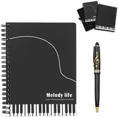 Dailygoods- Briefpapier Muziekthema - Notitieboek A5 - Draadgebonden - Rollerbalpen - Multicolor - Milieuvriendelijk Papier