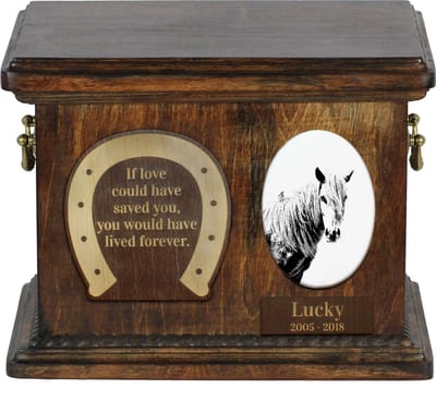 Persoonlijke urn voor paardenas met foto en unieke box voor huisdieren