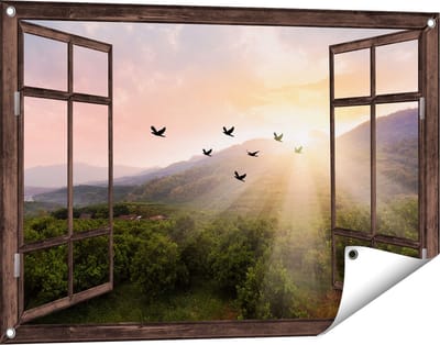 Gards Tuinposter Doorkijk Silhouet Zwerm Vogels bij Zonsondergang - 90x60 cm - Tuindoek - Tuindecoratie - Wanddecoratie buiten - Tuinschilderij