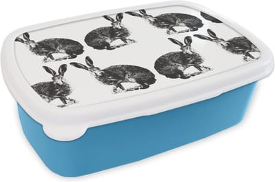 Broodtrommel Blauw - Lunchbox - Brooddoos - Vintage - Design - Konijn - Dieren - 18x12x6 cm - Kinderen - Jongen