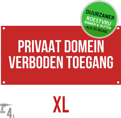 Pictogram/ bord XL Dibond + boorgaten | "Privaat domein - Verboden toegang" | 60 x 30 cm | Rood | Eigen terrein | Duurzaam | Roestvrij | Privacy | 1 stuk