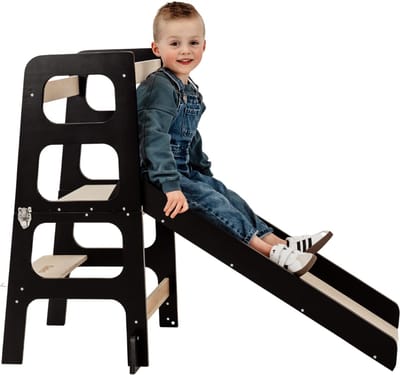 Kidzies Leertoren - Keukenhulp - 3 in 1 - Opvouwbaar - Kindertoren - Kindertrap - Glijbaan - Speeltafel - Montessori leertoren