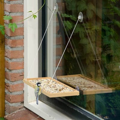 CJ Wildlife Voedertafel voor Vogels - BirdSwing Vide XL - Voederplaats Raam met Zuignappen - Hangende Voederplank - Voederplek voor Tuinvogels - Bruin