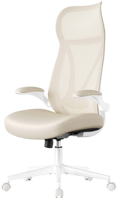 Bureaustoel, bureaustoel, draaistoel, ergonomische rugleuning en hoofdsteun, met opklapbare armleuningen en dikke ademende comfortabele zitting, stevig metalen onderstel, in hoogte verstelbaa 71x71x(111-119) cm, beige