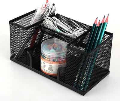 Pennenbak met 4 vakken - Pennenhouder - Desk - Bureau organizer - Pennenbakje - Metaal - Mesh - Pennenbakjes - Zwart