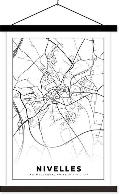 Posterhanger incl. Poster 40x60 cm - Schoolplaat - België – Nivelles – Stadskaart – Kaart – Zwart Wit – Plattegrond - Textielposter - Zwarte latten - Stadskaart