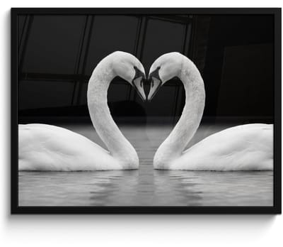 Poster in lijst - Fotolijst 80x60 cm - Posters - Zwanen - Hart - Zwart - Wit - Posterlijst zwart - Decoratie - Wanddecoratie woonkamer - Muurdecoratie slaapkamer
