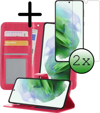 Hoesje 2 in 1 - Geschikt voor Samsung Galaxy S21 - Met 2x Screenprotector - En Uitneembare Hard Cover - Bookcase - Wallet Case - Met Pasjeshouder - Book Case - Uitneembaar - Pashouder - Kunstleer - Donkerroze