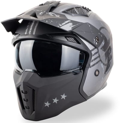 VINZ Shikoku Street Fighter Helm met Zonnevizier | Jethelm met mondstuk | Scooterhelm & Motorhelm & Brommerhelm | ECE 22.06 goedgekeurd | Lichtgewicht 1450 gram | Inclusief Opbergzak - Grijs - XS