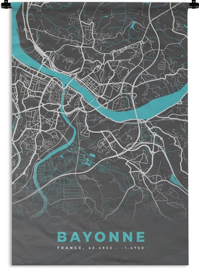 Wandkleed - Wanddoek - Bayonne - Plattegrond - Kaart - Stadskaart - Frankrijk - 120x180 cm - Wandtapijt