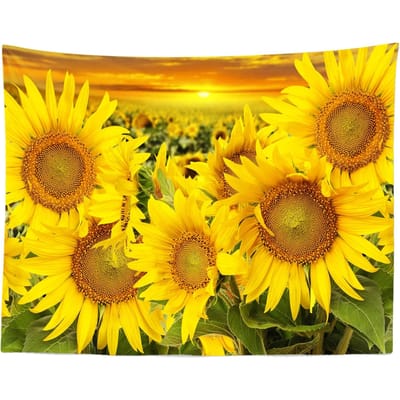 Gouden Zonnebloemtuin bij Zonsondergang Muurschildering 2D HD Print Boerderij Scène Natuur Landschap Decor Zomer Thema Huis Slaapkamer Wandkleed 70x100CM