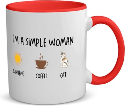 Akyol - i'm a simple woman sunshine, coffee, cat koffiemok - theemok - rood - Quotes - vrouwen die simpel zijn - vrouwen - quotes - verjaardagscadeau - verjaardag - cadeau - kado - geschenk - gift - 350 ML inhoud