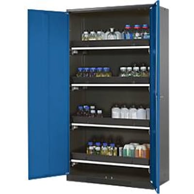 Chemicaliënkast, vleugeldeur, 4 uittrekbare bakken, 1055x520x1950 mm, gentiaanblauw