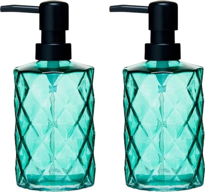 Berilo zeeppompje/dispenser Diamond - 2x - groen transparant - glas - 18 x 7 x 9 cm - 410 ml - badkamer/toilet/keuken