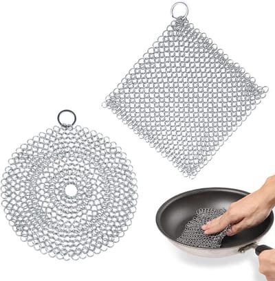 Gietijzer Reiniger - Ketting Schraper - Pannen Schoonmaken - Roestvrij Staal - 2 Stuks - Zilver