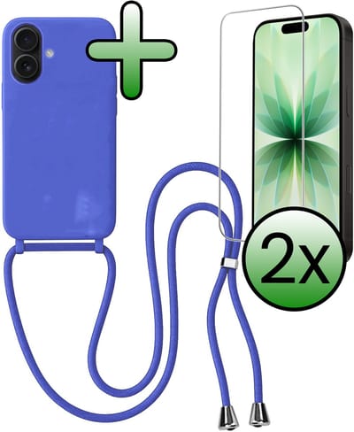 Hoes Geschikt voor iPhone 17 Hoesje Met Koord Met 2x Screenprotector - Telefoonhoesje Geschikt voor iPhone 17 Backcover Met Afneembaar Koord - Felblauw