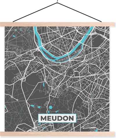 Posterhanger incl. Poster 40x40 cm - Schoolplaat - Stadskaart - Meudon - Frankrijk - Kaart - Plattegrond - Textielposter - Blanke latten - Stadskaart