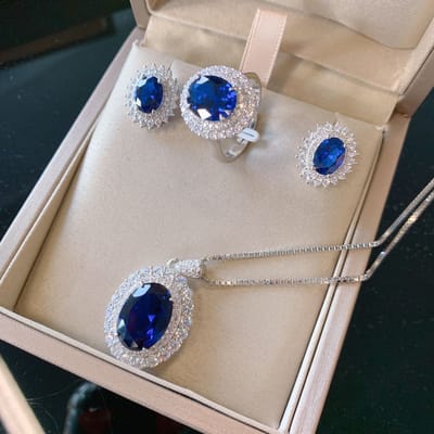 Klassieke Saffier Sieraden Sets Ring Ketting Oorbellen Voor Vrouwen Donkerblauw Ovaal Ketting Tanzaniet Retro Verfijnd Luxe Cadeau gray