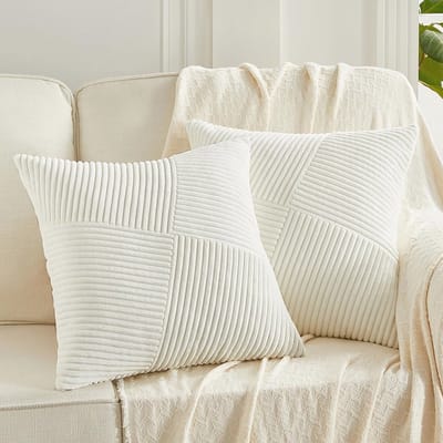 Set van 2 decoratieve kussenslopen 40 x 40 cm - Melkwit Geribbeld Fluweel voor Slaapkamer en Woonkamer