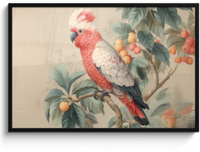 Poster in lijst - Fotolijst 120x80 cm - Posters - Roze kuifkaketoe - Tak met vruchten - Bladeren - Posterlijst zwart - Decoratie - Wanddecoratie woonkamer - Muurdecoratie slaapkamer