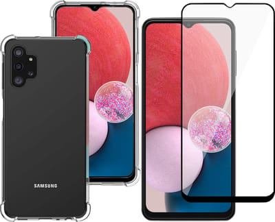 Hoesje geschikt voor Samsung Galaxy A13 4G - Anti Shock Proof Siliconen Back Cover Case Hoes Transparant - Full Tempered Glass Screenprotector