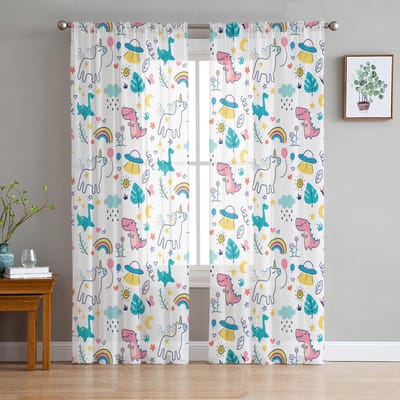 Jeugd Slaapkamer Vitrages Dinosaurus Cartoon Kleur Cactus Keuken Studie Gordijnen Woonkamer Vakantie Decor Tule Gordijnen 135W x 114H(cm)