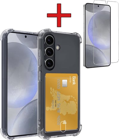 Hoesje - Geschikt voor Samsung Galaxy S24 - Met Screenprotector - Pashouder - Kaarthouder - Back Cover - Telefoon Hoes Shockproof - Siliconen Case - Shock Proof - Pasjes Houder - Telefoonhoes - Transparant