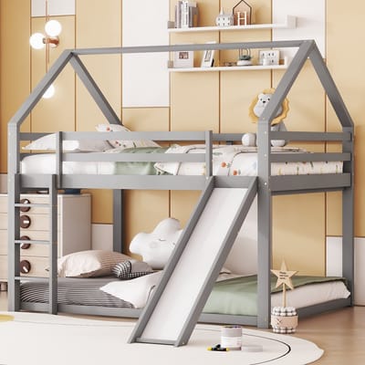 Stapelbed met Glijbaan 90x200 / 140x200 – Grijs Kinderbed met Lades & Opbergruimte
