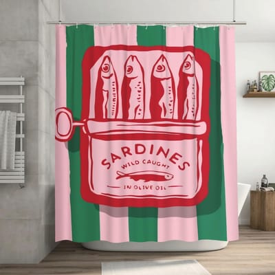 Sardines in Olijfolie Print Douchegordijn - Duurzaam Polyester Badkamer Decoratie, Makkelijk Schoon te Maken & te Onderhouden, Stijlvol Vissenontwerp 150X180CM