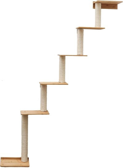 215 cm Wandkrabpaal met 6 Bamboe Planken - Katten Klimboom van Sisal - Krabpaal met Muurbevestiging