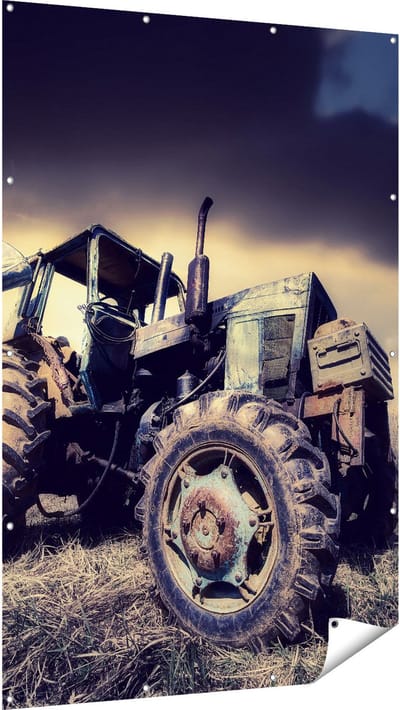 Gards Tuinposter Oude Tractor op het Grasveld - Trekker - 120x180 cm - Tuindoek - Tuindecoratie - Wanddecoratie buiten - Tuinschilderij