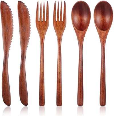 Dailygoods- Houten Bestek Set - 6 Stuks Houten Lepels/Vorken/Schraper - Herbruikbaar - Nanmu Hout - Perfect voor Thuis/Camping - Houten Eetgerei
