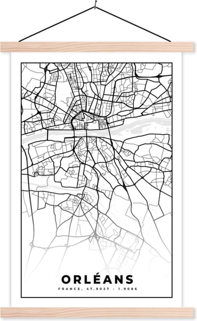 Posterhanger incl. Poster 40x60 cm - Schoolplaat - Frankrijk - Kaart - Orléans - Plattegrond - Stadskaart - Zwart wit - Textielposter - Blanke latten - Stadskaart