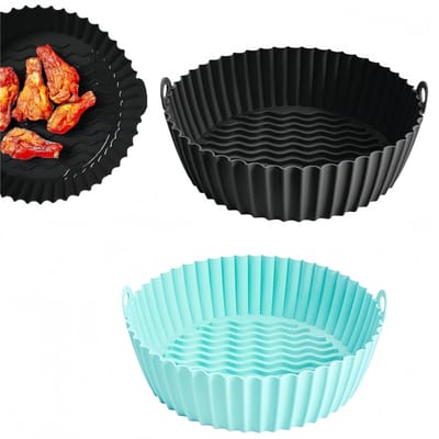 2 stuks - Airfryer bakplaten - Siliconen bakplaten - Ronde bakplaten - Airfryer accessoire - Met handgrepen - Gemakkelijk schoon te maken - Mintgroen + zwart - Bodemdiameter 17,3 cm - Geschikt voor Airfryers
