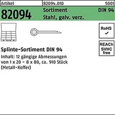 Splitpen assortiment DIN 94, gegalvaniseerd staal, 910 stuks, standaard DIN 94