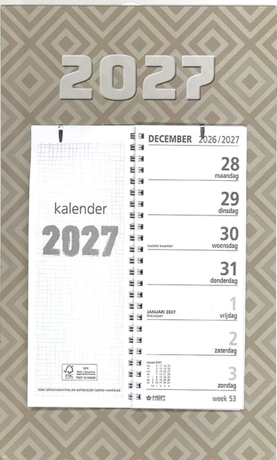 MGPcards - Omleg Weekkalender - 2027 - 21 x 34 cm - Beige