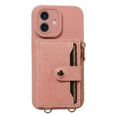 Roze telefoon hoesje met portemonnee en rits geschikt voor iPhone 16 Plus – kunstleer beschermende wallet case voor dames en heren met pasjeshouder, druksluiting, draagkoord bevestiging en standaard functie